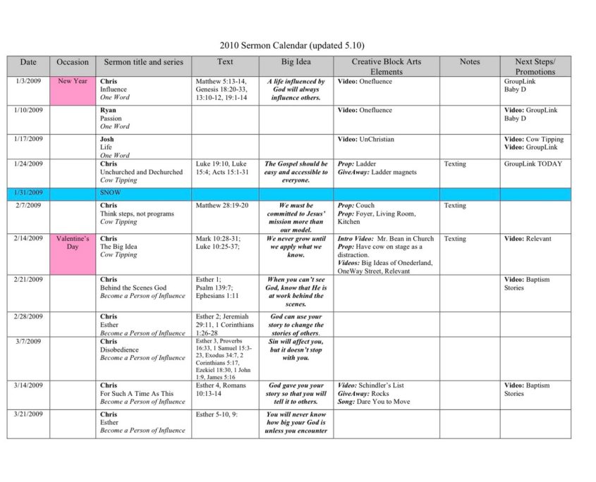 sermon calendar